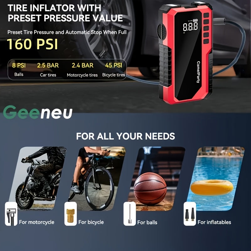 Démarreur avec gonfleur de pneus numérique 5000A/10000A en pic, booster de batterie multifonction pour voiture avec pinces intelligentes, lampe torche LED et batterie externe, kit d'urgence pour voiture, camping-car et moto