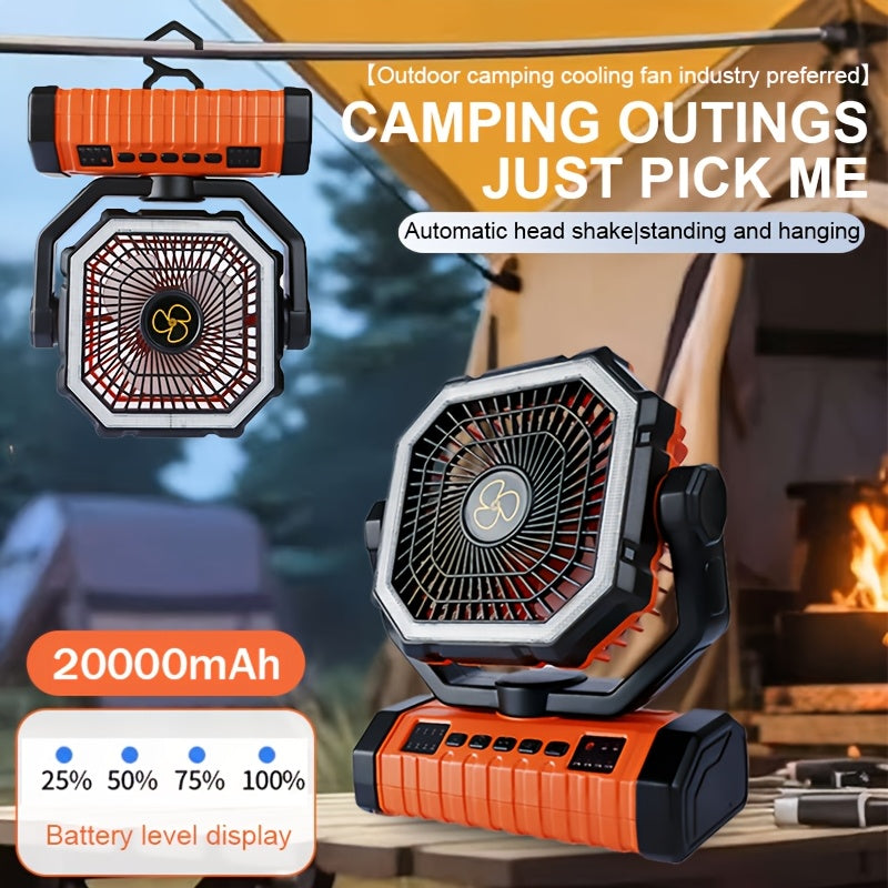 Ventilateur de camping rechargeable 20000 mAh avec éclairage LED intégré, crochet de tente, chargement USB, ventilateur de refroidissement portable sur batterie pour camping, randonnée, pannes de courant, chantiers de construction, modèle orange amélioré