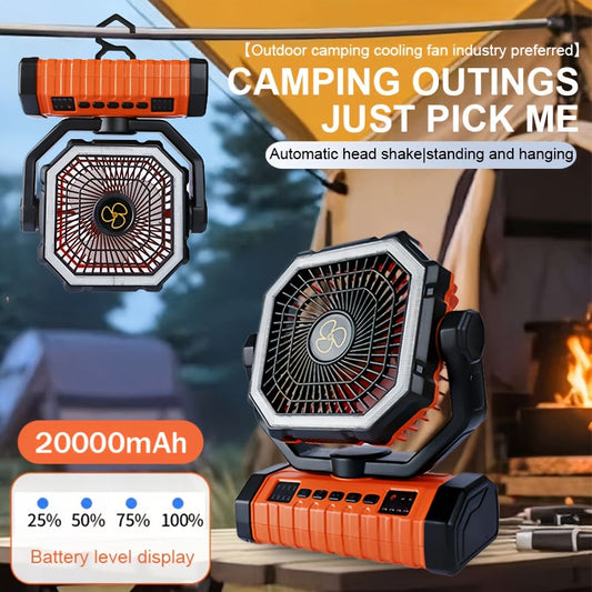 Ventilateur de camping rechargeable 20000 mAh avec éclairage LED intégré, crochet de tente, chargement USB, ventilateur de refroidissement portable sur batterie pour camping, randonnée, pannes de courant, chantiers de construction, modèle orange amélioré