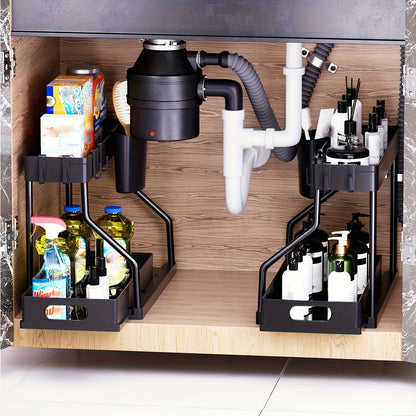 Lot de 2 organisateurs sous évier avec tiroirs coulissants – Rangement de placard durable pour salle de bain et cuisine, rangement vertical gain de place, disponible en noir et blanc