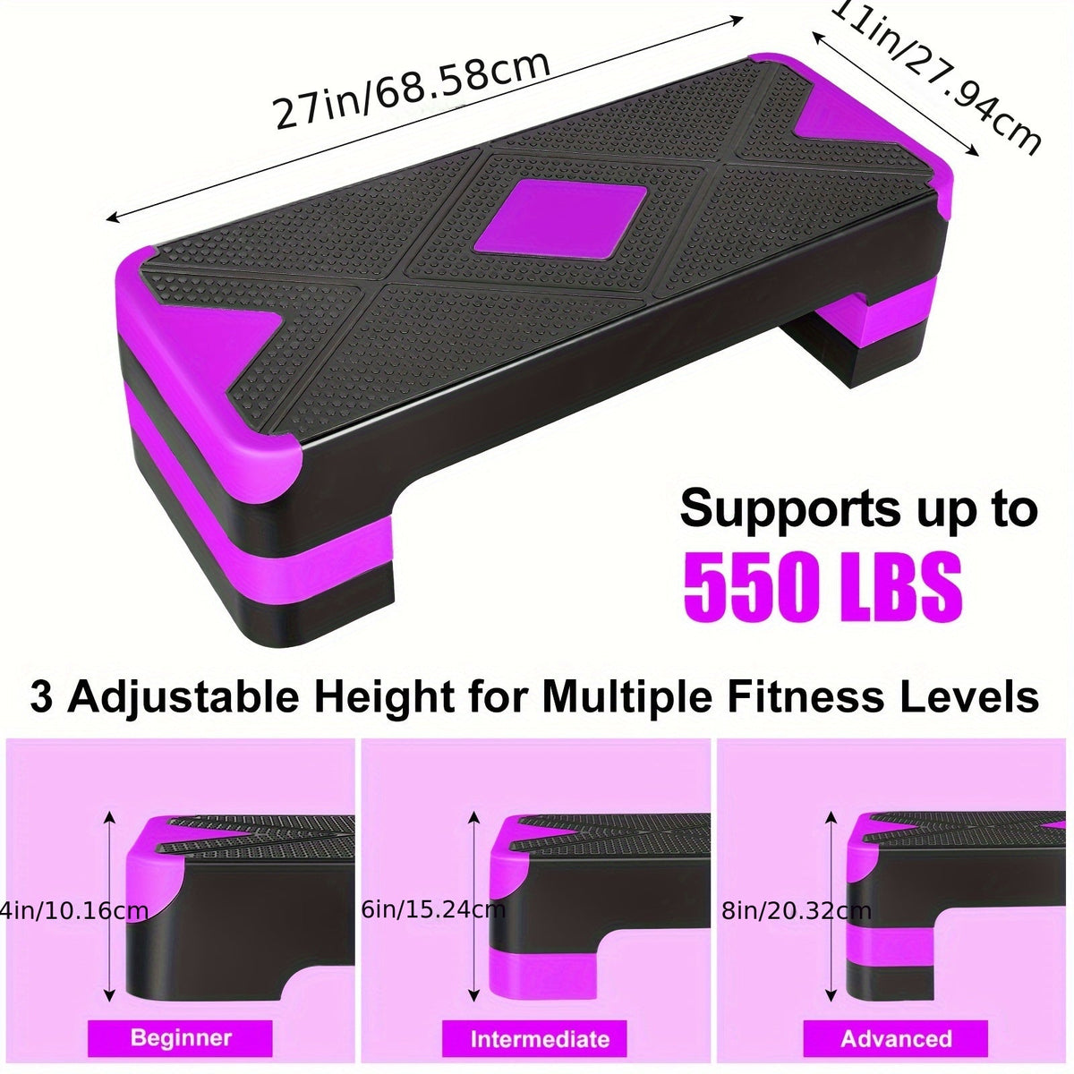 Plateforme de step aérobic réglable – 3 niveaux de hauteur (10/15/20 cm), stepper antidérapant pour entraînement cardio à domicile, planche d'exercice de step aérobic (6 couleurs)