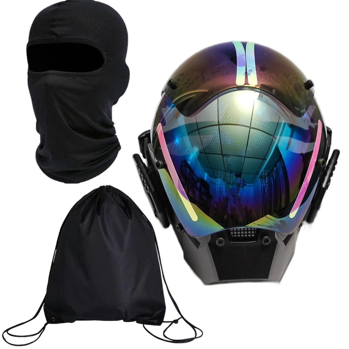 Ensemble masque mecha punk futuriste respirant, cagoule et sac à dos à cordon pour Halloween, cosplay, rave, festival, spectacle et photographie