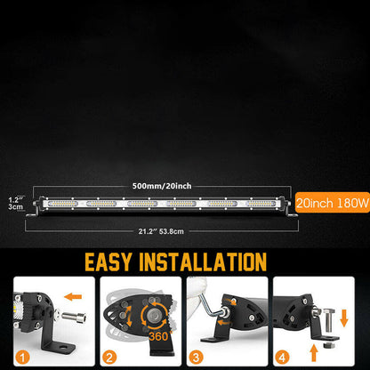 Barre lumineuse LED 20 pouces 180W pour tout-terrain, simple rangée – Lampe de travail ultra mince 12V/24V pour camion, VTT, VUS, tracteur, Jeep et bateau – Blanc 6000K, durée de vie de 50 000 heures – Velora