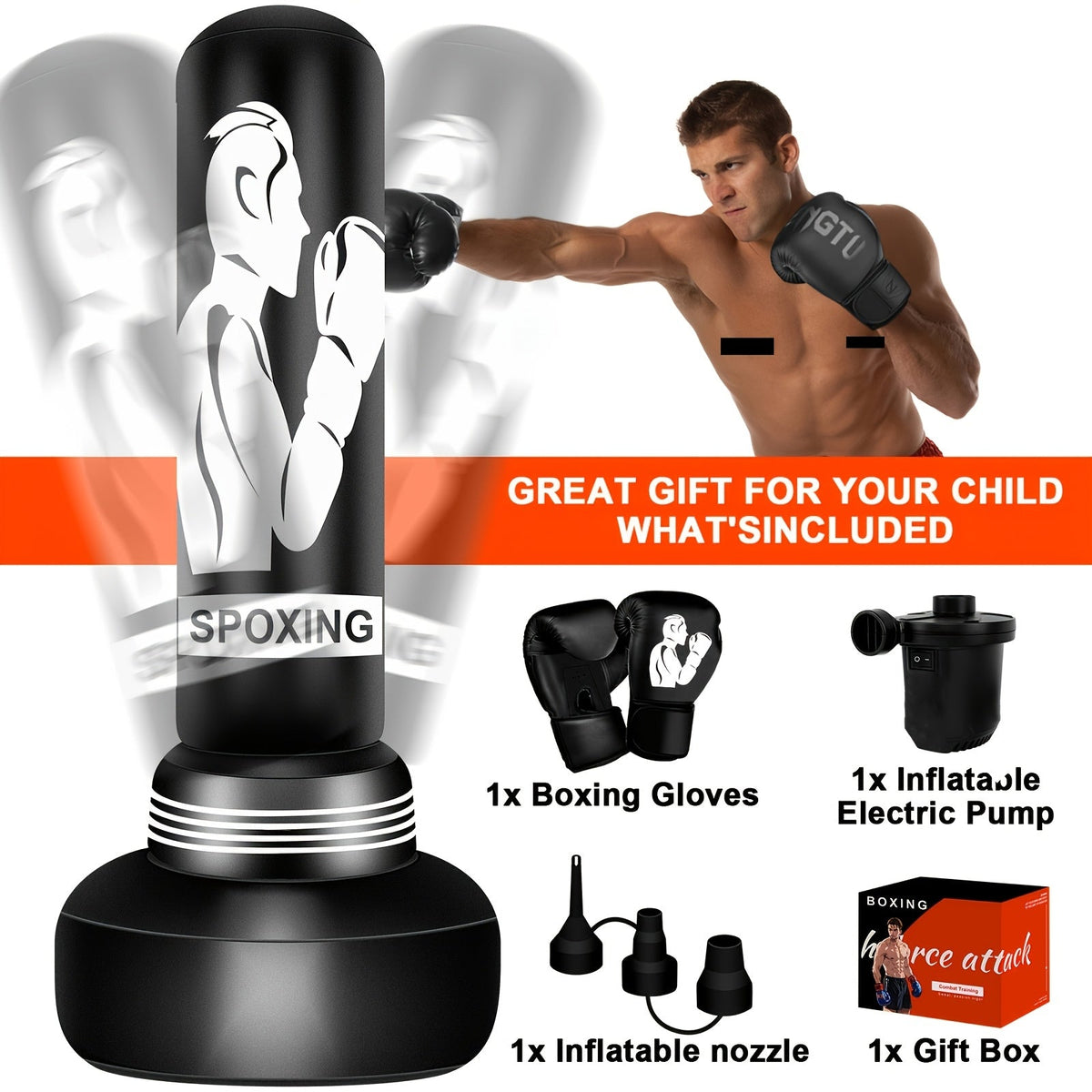 Sac de frappe sur pied 178 cm avec gants de boxe et pompe à air électrique | Sac de frappe gonflable pour adultes, hommes, femmes et adolescents | Gym à domicile, MMA, Muay Thai, kickboxing, entraînement fitness | Noir
