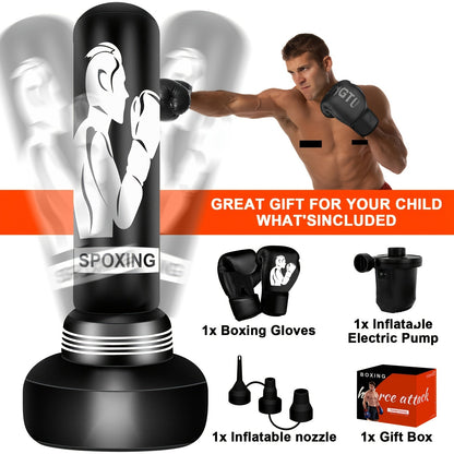 Sac de frappe sur pied 178 cm avec gants de boxe et pompe à air électrique | Sac de frappe gonflable pour adultes, hommes, femmes et adolescents | Gym à domicile, MMA, Muay Thai, kickboxing, entraînement fitness | Noir