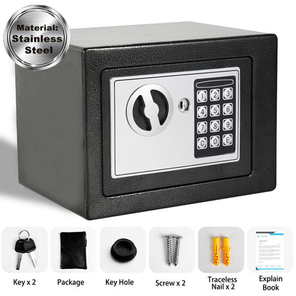 Coffre-fort ignifuge pour la maison avec clavier numérique, clés et verrouillage par code – Inclut sac ignifuge pour espèces, éclairage à détecteur et étagère réglable pour argent et objets de valeur au bureau ou à la maison