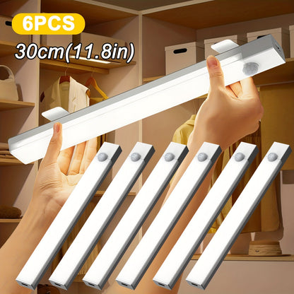 Lot de 6 lampes LED intelligentes avec détecteur de mouvement – Rubans lumineux magnétiques rechargeables par USB en 3 tailles, éclairage amovible pour placards, escaliers, étagères et usage intérieur