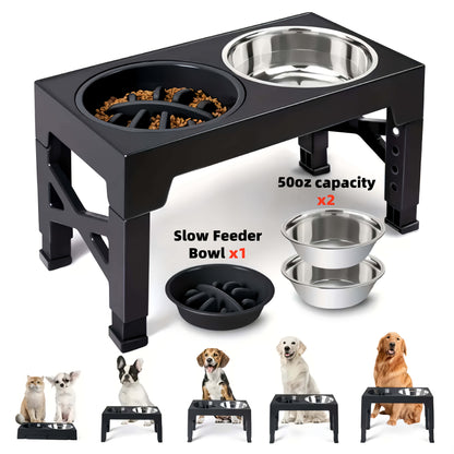 Support de gamelle réglable en hauteur avec gamelle anti-glouton et bol en acier inoxydable – Station de nourriture pliable à 5 niveaux pour chiens et chats de taille moyenne à grande, noir et rose