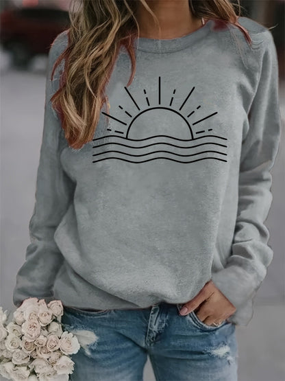 Sun Graphic Long Sleeve T-Shirt Women Round Neck Casual Top Fall Winter Polyester – Sunrise Print Positioning Graphic Tee Rust Color S-XXL