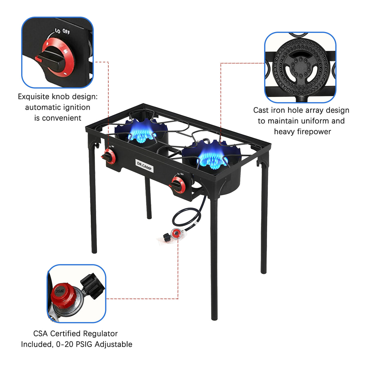 Réchaud de camping portable au propane DR.CAMP – Brûleur en fonte ultra-résistant avec pieds amovibles, options à un ou deux brûleurs, réchaud à gaz haute pression pour le camping, le barbecue, la survie et la cuisine en extérieur