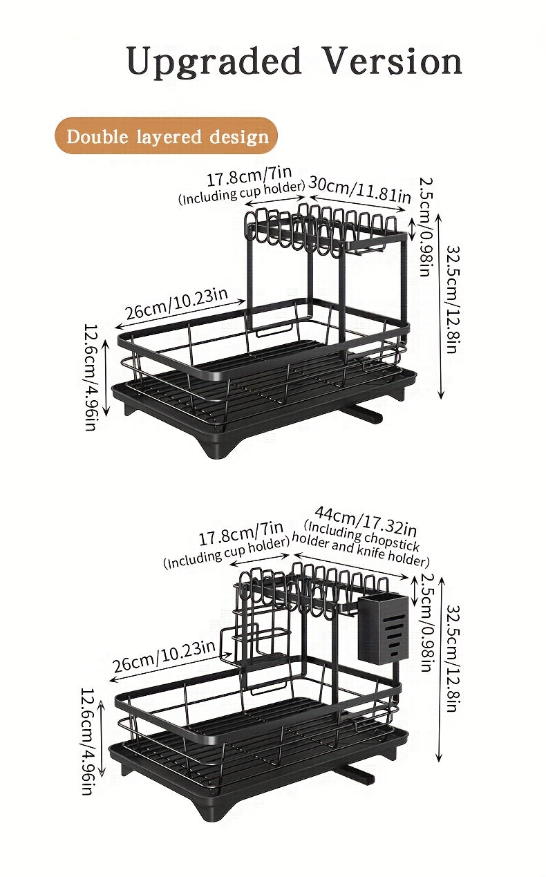 Égouttoir à vaisselle en métal à 2 niveaux avec porte-couverts, porte-gobelets et plateau d'égouttage antirouille – Égouttoir compact pour plan de travail de cuisine, égouttoir en acier durable pour tous types de surfaces