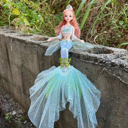 Poupée princesse sirène pour filles 45 cm – Magnifique poupée articulée avec queue en laine, yeux 3D et 11 articulations mobiles, vêtements amovibles, décoration de chambre et jouet, cadeau d'anniversaire ou de Noël