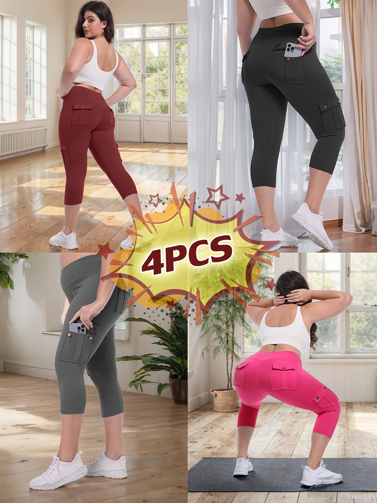 Lot de 4 pantalons de yoga Capri taille haute pour femmes, extensible dans les 4 sens, galbant, gainant, 4 poches - Leggings de sport pour la course, S-XXL, toutes saisons