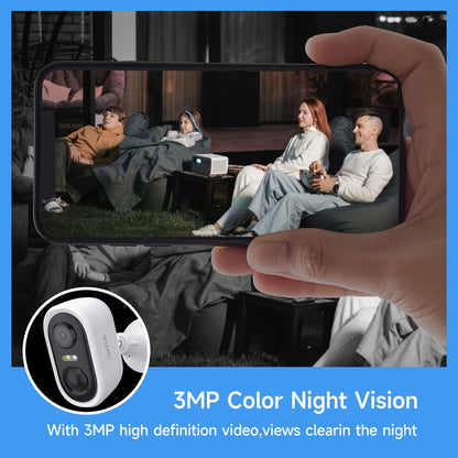 Caméra de sécurité extérieure solaire 3MP 1296P FHD – Batterie rechargeable, WiFi 2,4 GHz, détection de mouvement IA, projecteur, étanchéité IP65, vision nocturne couleur, audio bidirectionnel, stockage Cloud et carte SD