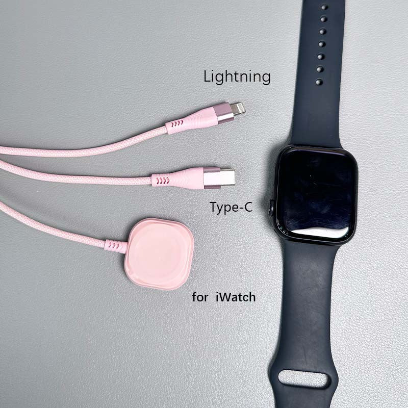Câble de charge 3 en 1 avec chargeur magnétique pour iWatch – Cordon de charge rapide USB-A vers Lightning et Type-C en nylon tressé, 120 cm, compatible avec iPhone, Apple Watch Series 1-10 et téléphones Android