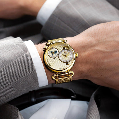 Montre à quartz vintage classique pour homme – Montre habillée élégante à cadran doré avec coffret cadeau, garde-temps analogique pour le travail, les occasions formelles et spéciales