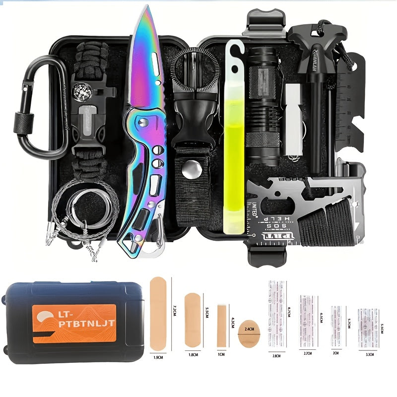 Kit de survie pour homme, ensemble d'équipement d'urgence de 12 à 115 pièces avec pierre à feu et multi-outil pour camping, randonnée, chasse, pêche, aventure en plein air, cadeau pour papa ou mari