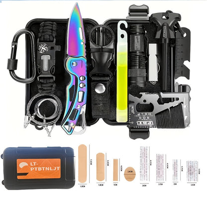Kit de survie pour homme, ensemble d'équipement d'urgence de 12 à 115 pièces avec pierre à feu et multi-outil pour camping, randonnée, chasse, pêche, aventure en plein air, cadeau pour papa ou mari