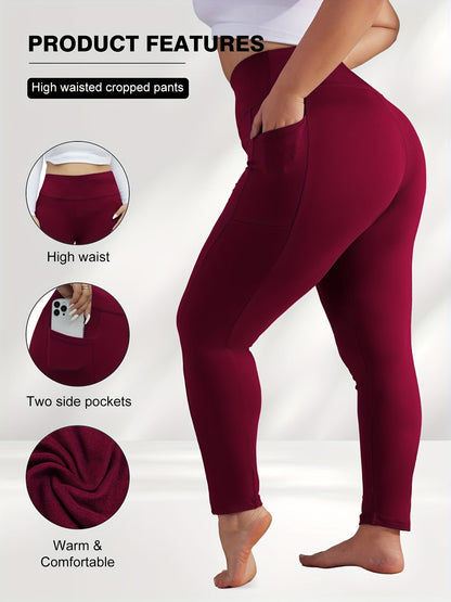 Pantalon de yoga grande taille pour femme avec poches – Legging chaud doublé en polaire taille haute pour l'automne et l'hiver, pantalon de sport moulant élastique, tailles 1XL-5XL en noir, gris, bordeaux et bleu marine