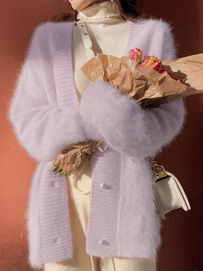 Gilet à col en V boutonné pour femme, pull en maille style vintage en suédine à manches longues, automne hiver – Blanc Lavande Rose Gris Bleu Jaune Taille unique