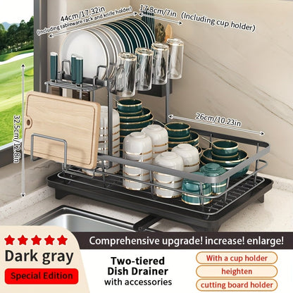 Égouttoir à vaisselle en métal à 2 niveaux avec porte-couverts, porte-gobelets et plateau d'égouttage antirouille – Égouttoir compact pour plan de travail de cuisine, égouttoir en acier durable pour tous types de surfaces