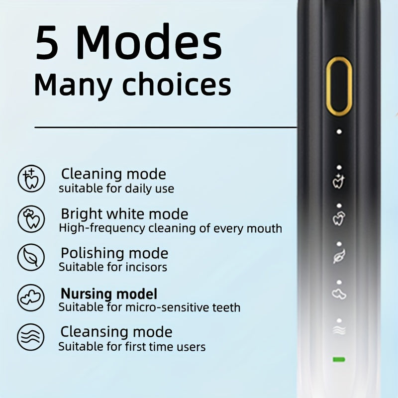 Sonic Electric Toothbrush IPX8 Waterproof USB Rechargeable with 5 Replacement Brush Heads Smart Timer Metal Shaft for Adults Men Women Couple Style Rechargeable Oral Care