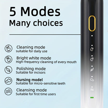 Sonic Electric Toothbrush IPX8 Waterproof USB Rechargeable with 5 Replacement Brush Heads Smart Timer Metal Shaft for Adults Men Women Couple Style Rechargeable Oral Care