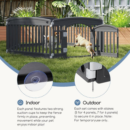 Parc pour chiens pliable à 4 ou 6 panneaux avec fond antidérapant, enclos portable pour chiots, intérieur et extérieur, avec porte à verrouillage de sécurité pour chiens de taille moyenne – Noir et blanc