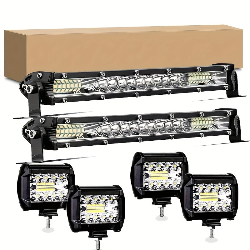Kit de barres lumineuses LED tout-terrain – 2 barres LED de 10 pouces + 4 projecteurs de 4 pouces pour Jeep, camion, SUV, conduite tout-terrain 4x4, phares de travail étanches blanc brillant, installation facile (batterie non incluse)