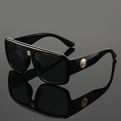 Lunettes de soleil carrées oversize style cyberpunk pour hommes – Monture extra large 139 mm et plus, bordure en métal noir et doré, verres décoratifs, lunettes de mode urbaine futuriste et cosplay