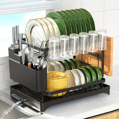 Égouttoir à vaisselle à 2 niveaux avec plateau d'égouttage pour comptoir de cuisine – Égouttoir en métal grande capacité avec plateau de récupération, organisateur pour assiettes, tasses et ustensiles, disponible en noir, blanc et gris