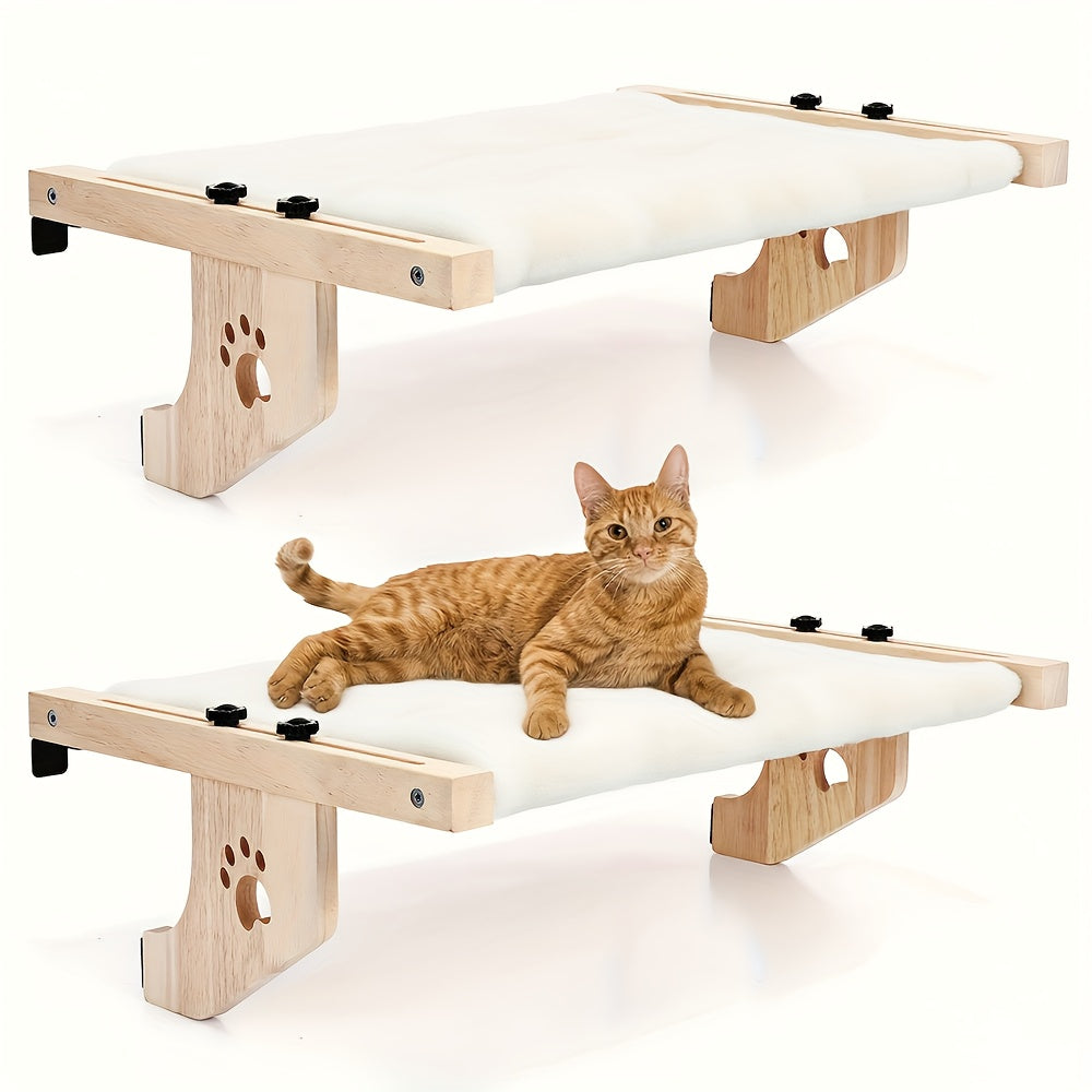 Perchoir et hamac pour chat en bois haut de gamme – Robuste, supporte jusqu'à 18 kg, fixation multi-emplacement pour fenêtre, mur et placard, plateforme extra-large avec coussin moelleux, sans danger pour les grands chats