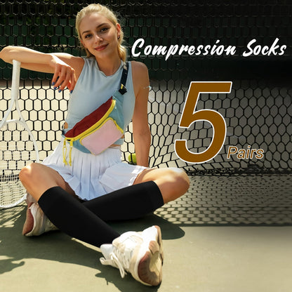 Lot de 5 paires de chaussettes de compression en cuivre pour femmes et hommes – Chaussettes de sport noires pour la course, la randonnée, le cyclisme et les voyages, tailles M-XL, bas de compression pour la circulation et le soulagement de la douleur