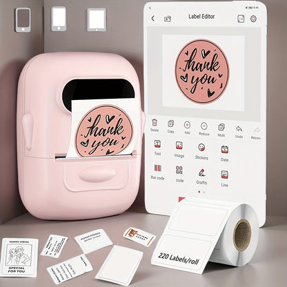 Étiqueteuse thermique sans fil – Aucune encre requise, modèles multiples, imprimante d'étiquettes Bluetooth pour l'organisation du rangement, fournitures de bureau, d'école et de maison, rose, blanc, bleu