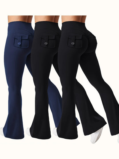 Ensemble 3 pièces pour femme : pantalon de yoga évasé à taille haute avec ceinture et poches, legging galbant effet push-up, squat-proof, 90 % polyester extensible, coupe évasée pour le sport, la gym, la course et le quotidien