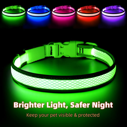 Collier pour chien à LED rechargeable par USB avec 6 couleurs - Collier de sécurité en maille souple et réglable pour chiens de petite, moyenne et grande taille, collier lumineux pour une visibilité nocturne lors des promenades, durable et élégant
