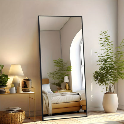 Miroir sur pied pleine longueur avec lumières LED - Sommet arqué et rectangulaire, cadre en aluminium, miroir habillage sur pied de 180 cm pour chambre et salon, noir or blanc, verre trempé de 5 mm
