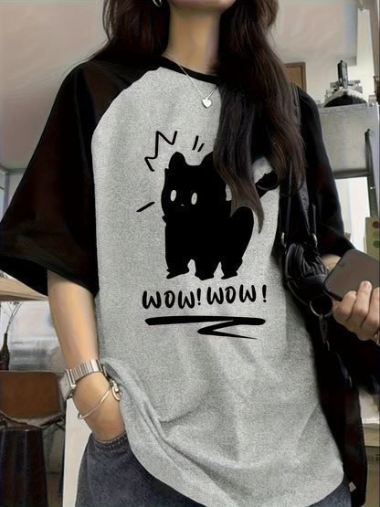T-shirt femme style Y2K à manches raglan avec motif lettre chat mignon, col rond, haut décontracté extensible, vert olive, chameau, rouge, S M L XL XXL