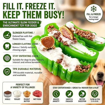 Crocodile Dog Food-Stashing Rubber Chew Toy – Interactive Slow Feeder & Enrichment Foraging Toy for All Breeds, Reusable Treat Dispensing Puzzle Toy, Chew-Resistant, Fun Green Design, Small & Large