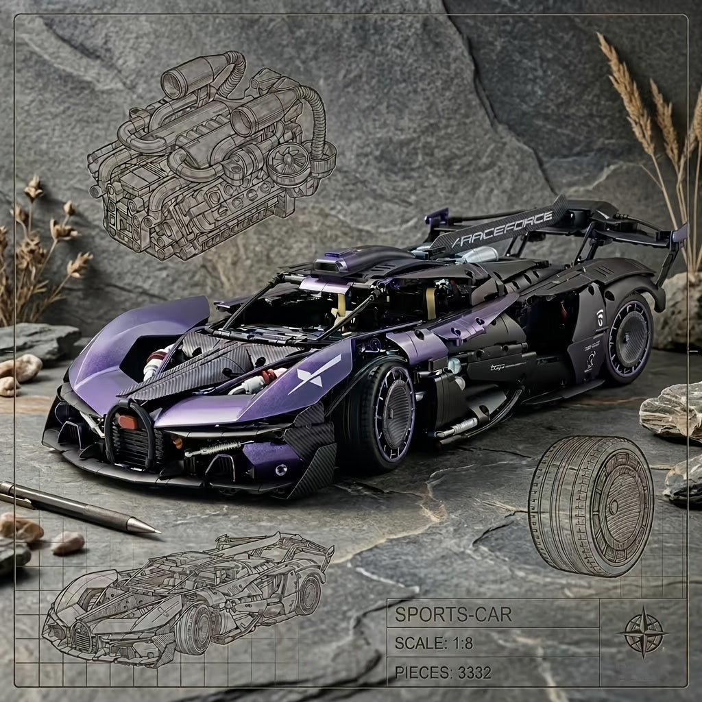 Ensemble de construction de supercar à l'échelle 1:8 de 3332 pièces – Modèle réduit de voiture musclée en édition limitée violet foncé, carrosserie profilée, design modulaire, objet de collection pour les passionnés de voitures, les garçons et les adultes