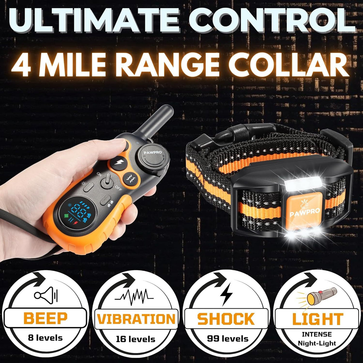 Collier de dressage pour chien avec télécommande, portée de 6 km – 124 niveaux réglables, 4 modes (bip, vibration, choc, veilleuse), collier électronique rechargeable pour chiens de 2 à 61 kg, avec guide de dressage