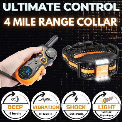 Collier de dressage pour chien avec télécommande, portée de 6 km – 124 niveaux réglables, 4 modes (bip, vibration, choc, veilleuse), collier électronique rechargeable pour chiens de 2 à 61 kg, avec guide de dressage