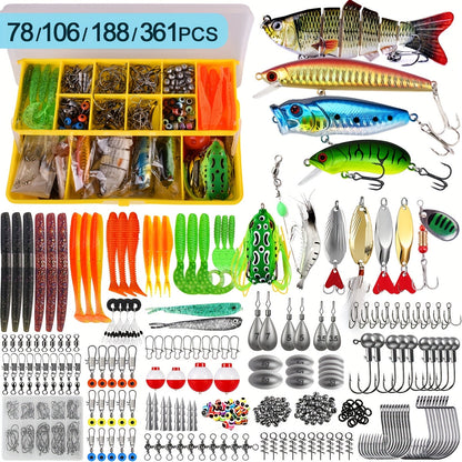Kit de leurres de pêche, coffret de 78/106/188/361 pièces pour eau douce, comprenant cuillères, vers souples, hameçons et accessoires pour la pêche au bar, à la truite et au saumon, équipement de pêche complet pour débutants et professionnels