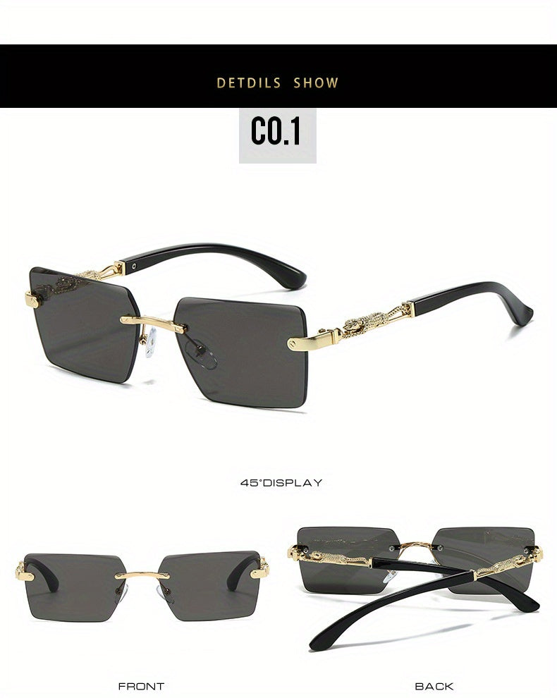 Lunettes de soleil unisexe de luxe sans monture avec branches léopard – Lunettes de mode rectangulaires étroites UV400 noir et or pour hommes et femmes, incluent étui de protection et chiffon de nettoyage pour la conduite, les voyages et les fêtes