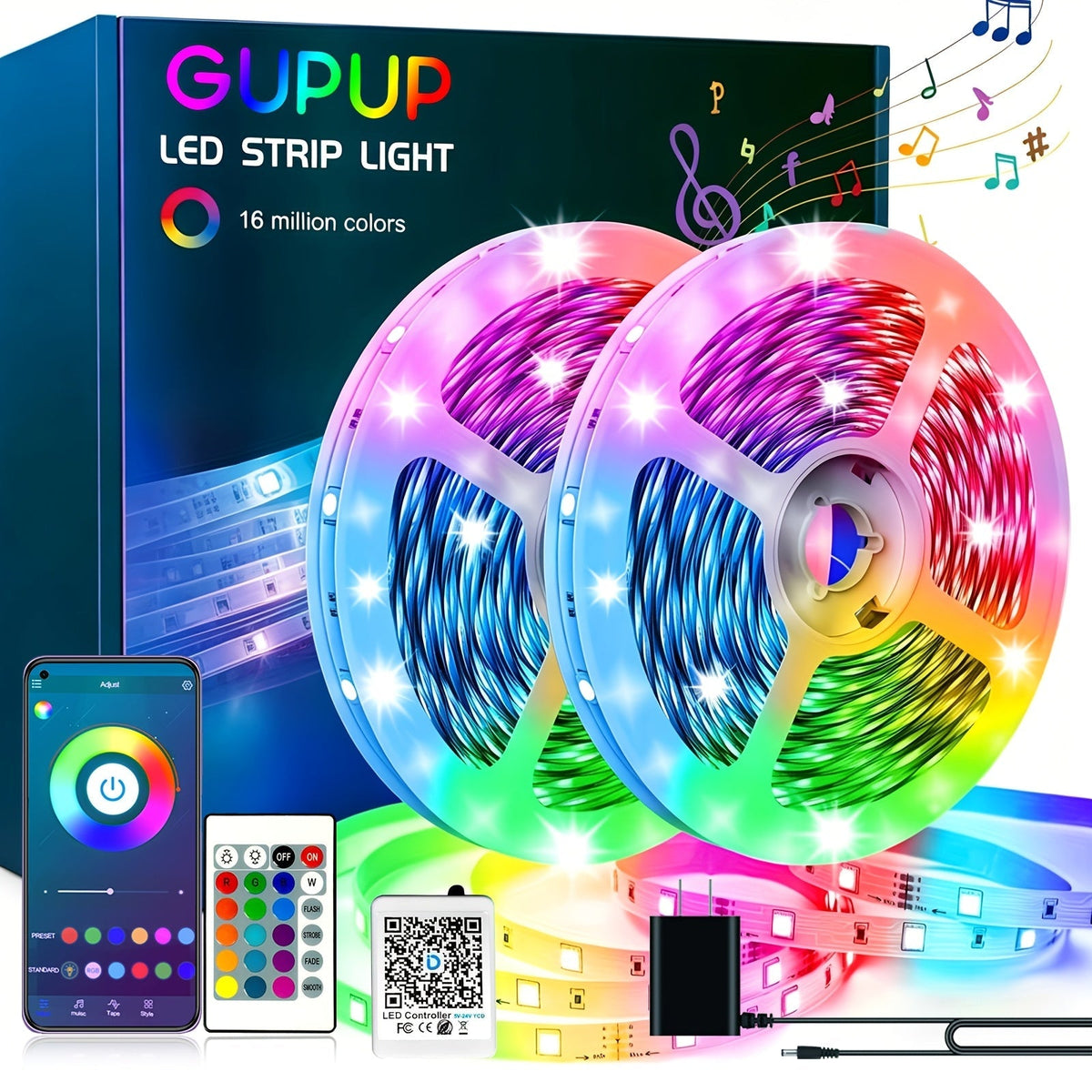 Ruban LED RVB avec télécommande via application, synchronisation musicale, intensité réglable, changement de couleur et minuterie – Éclairage LED intelligent pour la décoration de chambre, salon et salle de jeux, de 5 m à 60 m