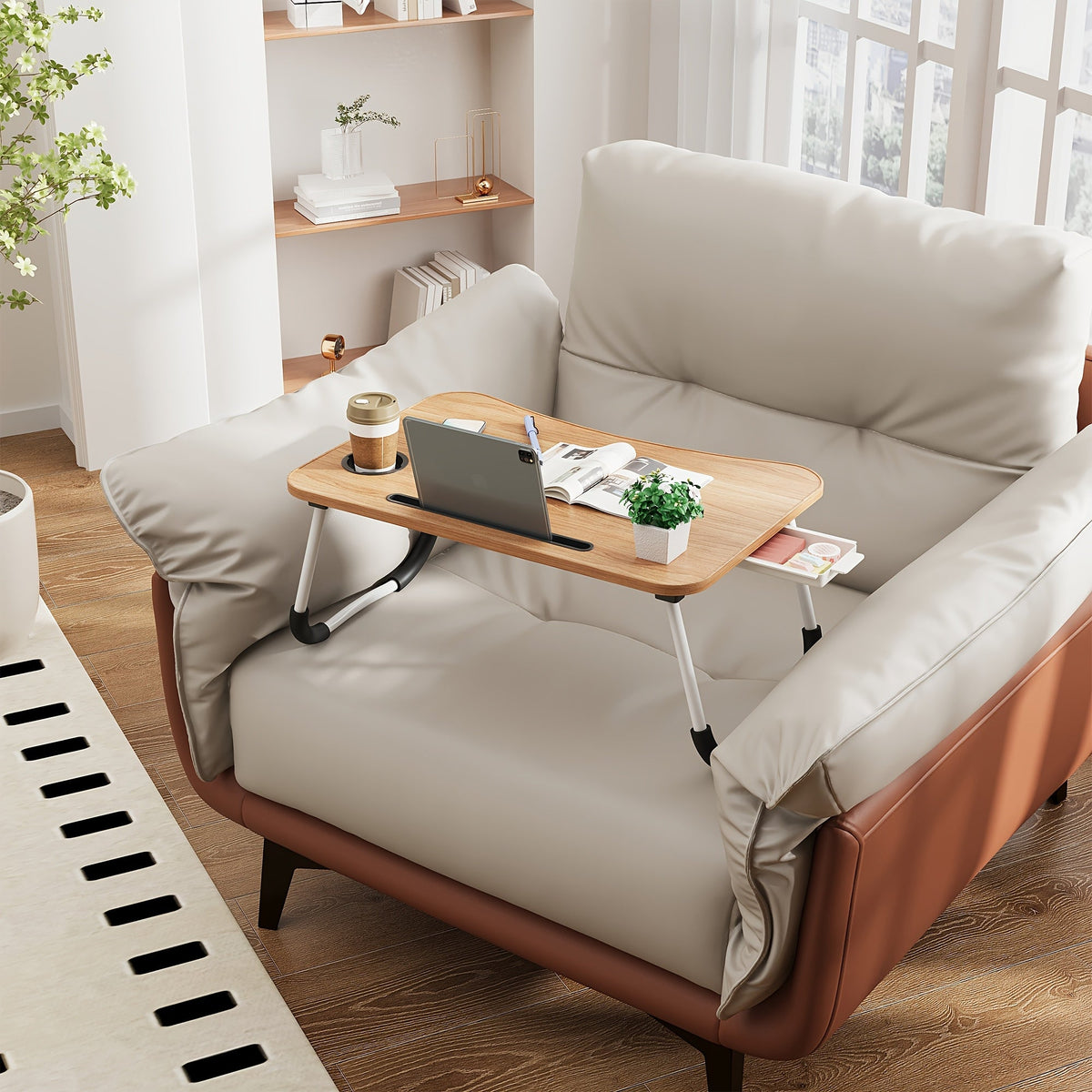 Plateau de lit pour ordinateur portable et repas – Grand plateau de petit-déjeuner avec porte-gobelet et tiroir pour canapé, sol, étude, lecture et écriture, table d'appoint portable
