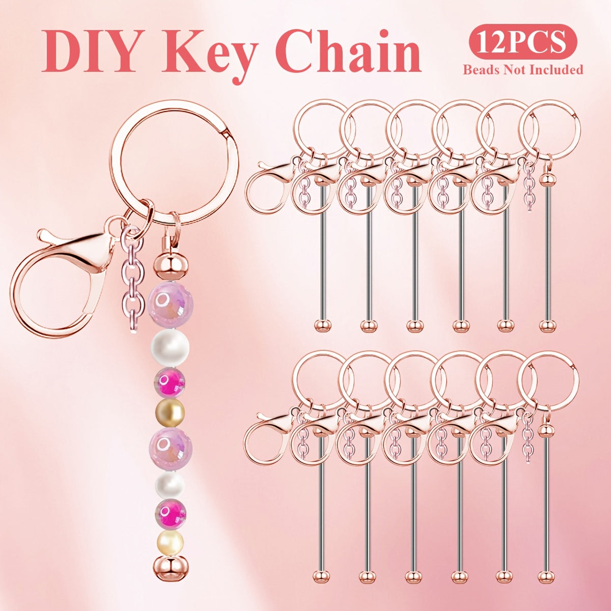 Kit de porte-clés à perler en acier inoxydable – 12 et 24 pièces, pendentifs en métal avec breloques pour loisirs créatifs, cadeaux de Noël et d'Halloween, doré, argenté et or rose