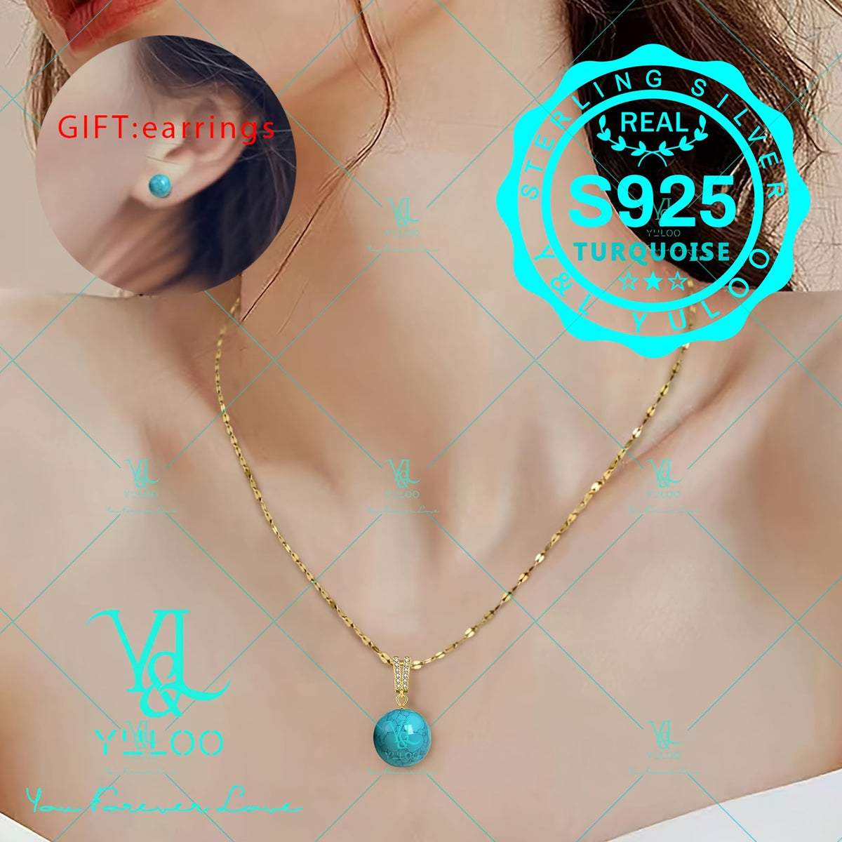 Collier pendentif en argent sterling 925 avec véritable turquoise naturelle, 18+2 pouces – Élégant bijou bohème en pierre précieuse pour femme avec boucles d'oreilles offertes, disponible en argent et en or, cadeau idéal pour elle