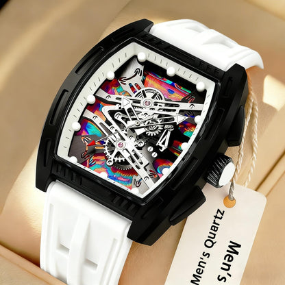 Montre quartz pour homme forme tonneau – Style rétro vintage, bracelet en silicone, montre élégante pour le travail, montre analogique de luxe pour homme disponible en 5 couleurs (blanc, noir, rouge, bleu, vert), cadeau d'anniversaire ou de fête pour lui