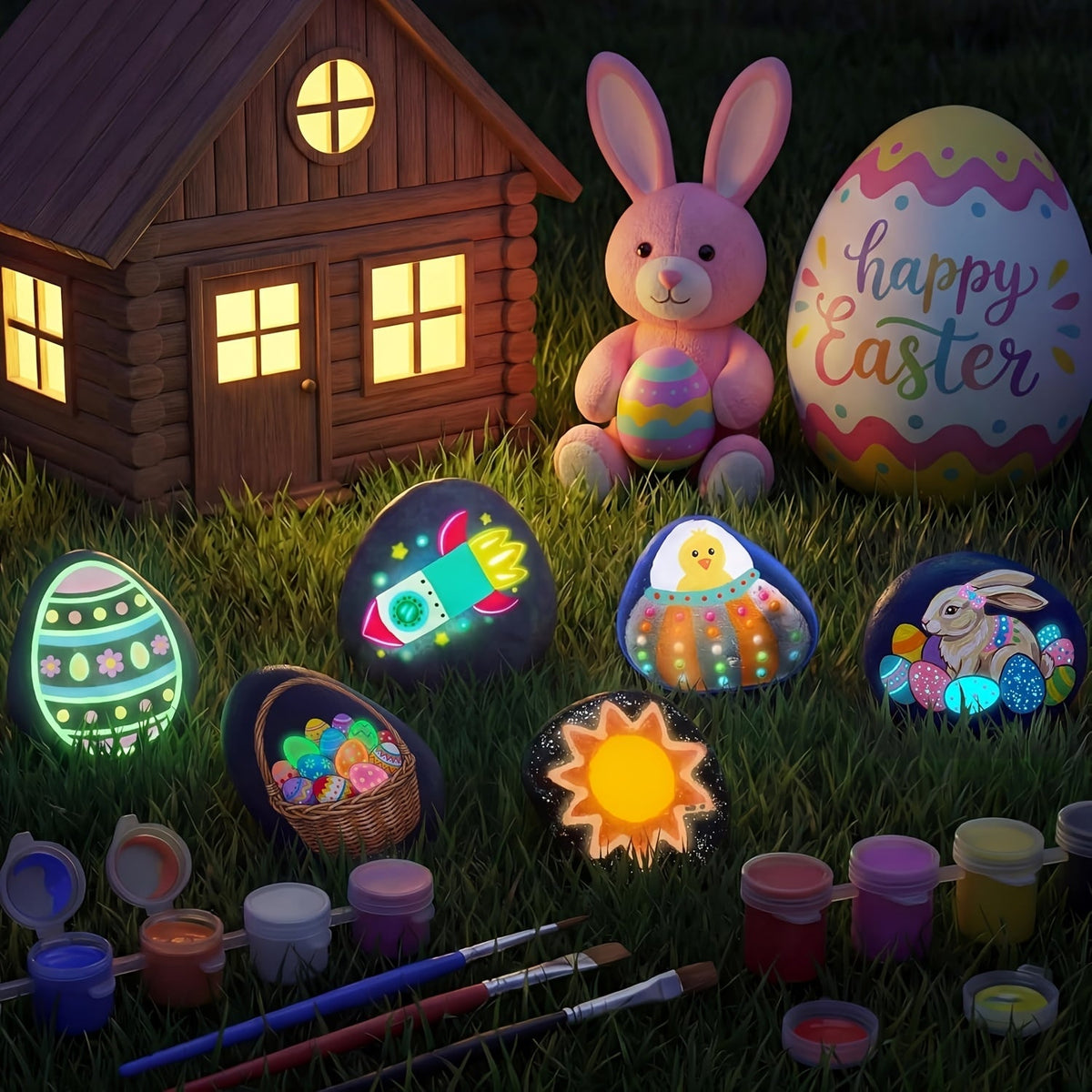 Kit de peinture sur galets phosphorescents pour enfants dès 6 ans – Ensemble complet d'arts créatifs avec 10 galets, 17 peintures, pierres précieuses, pinceaux et autocollants | Jouet créatif STEM pour garçons et filles, cadeau d'anniversaire et de Pâques